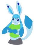  alternate_species anthro blue_body blue_eyes blue_fur blush bottomwear clothed clothing crossed_arms ear_piercing eeveelution elpatrixf female fur glaceon kriyu looking_aside mammal midriff nintendo pants piercing pok&eacute;mon pok&eacute;mon_(species) shirt simple_background solo topwear video_games white_background 