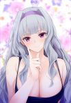  1girl bare_shoulders breasts cleavage finger_to_cheek floral_background giba_(out-low) hairband highres idolmaster idolmaster_(classic) large_breasts looking_at_viewer purple_eyes shijou_takane silver_hair solo 
