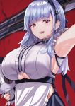  1girl :d absurdres apron arm_up armpits azur_lane bangs black_hairband blunt_bangs breasts center_frills dido_(azur_lane) doll eyebrows_visible_through_hair hairband highres holding holding_doll kanta_(kanta_077) large_breasts long_hair looking_at_viewer open_mouth purple_eyes red_background shirt silver_hair simple_background sleeveless sleeveless_shirt smile solo underboob underboob_cutout underbust upper_body upper_teeth waist_apron white_apron white_shirt 