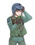 1girl black_gloves brown_hair chin_strap cowboy_shot flashlight gloves hair_between_eyes hand_on_headwear helmet highres military original oxygen_mask pilot pilot_suit red_earrings short_hair shoulder_patches solo takato15_c vest white_background 