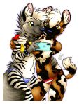  2019 african_wild_dog anthro bikini black_nose brown_eyes canid canine cellphone clothing duo female green_eyes hyaenid mammal michele_light navel phone selfie spots striped_hyena stripes swimwear 