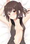  1girl alternate_costume armpits arms_up bangs bed_sheet black_vest blush breasts breasts_apart brown_eyes brown_hair collarbone eyebrows_visible_through_hair highres kantai_collection looking_at_viewer lying naked_vest navel no_bra on_back on_bed open_clothes open_vest sendai_(kantai_collection) short_hair small_breasts solo two_side_up upper_body vest yuzuttan 