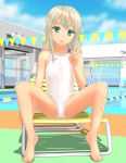  1girl absurdres asics barefoot blonde_hair blue_sky blurry chair cloud competition_swimsuit day depth_of_field flat_chest full_body grecale_(kantai_collection) green_eyes head_tilt highres kantai_collection long_hair looking_at_viewer lounge_chair one-piece_swimsuit outdoors pool sitting sky solo spread_legs string_of_flags swimsuit takafumi tongue tongue_out v wavy_hair white_swimsuit 