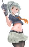  adapted_turret belt black_legwear bow breasts cannon commentary_request cowboy_shot grey_hair grey_sailor_collar grey_shirt grey_skirt groin hair_bow highres kantai_collection looking_at_viewer navel neckerchief orange_neckwear pantyhose pleated_skirt ponytail redundant-cat remodel_(kantai_collection) sailor_collar school_uniform serafuku shirt simple_background skirt small_breasts tank_top turret white_background yuubari_(kantai_collection) 