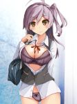  1girl ahoge black_vest blouse bra cameltoe cowboy_shot hagikaze_(kantai_collection) kantai_collection long_hair long_sleeves momin neck_ribbon one_side_up panties partially_unbuttoned purple_bra purple_hair purple_panties red_ribbon ribbon solo standing underwear vest white_blouse yellow_eyes 