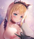  1girl animal_ears artist_name bismarck_(kantai_collection) blonde_hair blue_eyes blush breasts cat_ears collarbone fake_animal_ears hair_between_eyes hat hat_removed headwear_removed kantai_collection large_breasts long_hair nipples paint_musume parted_lips peaked_cap solo twitter_username upper_body 