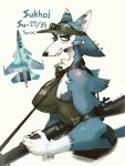  2019 aircraft alternate_species anthro blue_body blue_eyes blue_fur blush breasts canid canine canis clothing domestic_dog ear_piercing female fur furrification half-length_portrait hat headgear headwear hideki_kaneda holding_object holding_weapon looking_at_viewer mammal piercing portrait ranged_weapon simple_background solo su-37 sukhoi_(hideki_kaneda) weapon white_background white_body white_fur 