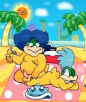  2019 anthro balls beach belly blue_hair blush brother brothers butt casual_nudity dialogue digital_media_(artwork) duo erection fangs genitals hair hi_res koopa koopa_shell koopaling larry_koopa looking_at_another ludwig_von_koopa lying male male/male mario_bros moobs nintendo nipples nude nude_beach one_eye_closed open_mouth outside penis scalie seaside shell sibling sinribbons size_difference slightly_chubby sunscreen towel turtle_shell vein video_games wink 