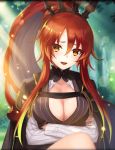  blush breasts choker cleavage crossed_arms crown eyelashes fingerless_gloves forest game_cg gloves gradient_hair hair_between_eyes highres jacket large_breasts littu_(phantom_of_the_kill) looking_at_viewer multicolored_hair nature open_mouth phantom_of_the_kill ponytail red_hair tassel tree yellow_eyes 