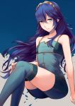  1girl alternate_costume ameno_(a_meno0) bangs blue_background blue_eyes blue_hair blue_legwear blue_shirt blue_shorts breasts collarbone commentary_request crossed_bangs eyelashes feet_out_of_frame fire_emblem fire_emblem_awakening grey_background hair_between_eyes hair_blowing hand_on_own_knee invisible_chair knees_together_feet_apart long_hair looking_at_viewer lucina_(fire_emblem) parted_lips shiny shiny_hair shirt shorts sidelocks sitting sleeveless small_breasts solo spaghetti_strap tank_top thighhighs tiara 