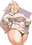  absurd_res anthro big_breasts blonde_hair blush breasts cervina7_(artist) clothed clothing female hair hi_res lagomorph leporid long_hair mammal nipple_outline one_eye_closed panties rabbit simple_background solo thick_thighs underwear 