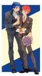  2boys annoyed black_footwear black_suit blue_hair bouquet brown_eyes cu_chulainn_(fate)_(all) cupcake eating emiya_shirou fate/stay_night fate_(series) flower food food_theft fork formal hair_strand holding holding_bouquet holding_fork holding_plate jitome lancer long_hair looking_at_another male_focus meat messy_hair multicolored multicolored_background multiple_boys necktie orange_hair orange_neckwear plate polka_dot_neckwear ponytail red_eyes salad shoes simple_background smile suit tatsuta_age thick_eyebrows white_neckwear 