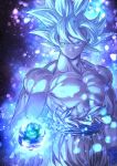  1boy abs arm_at_side aura blue_background blue_theme blurry bokeh closed_mouth collarbone commentary_request cupping_hands dark_background depth_of_field dragon_ball dragon_ball_super dragon_ball_z earth expressionless fingernails floating_hair frown glowing grey_eyes hand_up light_particles looking_down male_focus mattari_illust muscle orange_pants pants pectorals planet purple_background shaded_face shirt shirtless sky son_gokuu spiked_hair star_(sky) starry_sky torn_clothes torn_shirt twitter_username ultra_instinct white_background white_hair white_theme wristband 