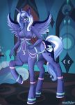  2019 absurd_res accessory areola bit_gag blue_eyes blue_hair blue_theme breasts bridle clothing equid female friendship_is_magic gag hair hair_accessory hairpin harness hi_res horn legwear mailner mammal my_little_pony nipple_piercing nipples nude piercing princess_luna_(mlp) socks solo taur winged_unicorn wings 