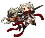  1boy 1girl black_gloves checkered checkered_legwear chibi closed_mouth dagger dual_wielding facial_mark gloves hair_between_eyes holding holding_dagger holding_weapon kaieda_hiroshi long_hair original red_eyes red_scarf scarf short_eyebrows thighhighs transparent_background twintails weapon 