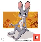  2020 absurd_res anthro areola breasts buckteeth chest_tuft crotch_tuft dipstick_ears disney female fur grey_body grey_fur hi_res holding_cup holding_object inner_ear_fluff judy_hopps lagomorph leporid looking_at_viewer mammal multicolored_ears navel nipples open_mouth open_smile pink_nose purple_eyes rabbit siroc sitting smile solo teeth text tuft url white_body white_fur zootopia 