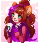  accessory ailurid beverage breasts brown_hair clothing coffee ear_piercing ear_ring female food gloves green_eyes hair hair_accessory handwear headshot_portrait lipstick makeup mammal pacevanrign piercing portrait red_panda scarf solo starbucks whipped_cream 