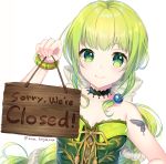  1girl bare_shoulders breasts choker cleavage closed_mouth commentary green_eyes green_hair holding holding_sign koyama_sao long_hair looking_at_viewer multi-tied_hair ponytail ribbon saga saga_frontier_2 sign simple_background smile smug solo very_long_hair virginia_knights white_background 