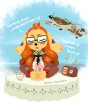  2019 aircraft anthro blush canid canine canis cut_(disambiguation) domestic_dog droopy_ears english_text eyewear female flower freckles fur furniture glasses hair hands_together hawker_hurricane_(hideki_kaneda) hideki_kaneda holding_object mammal musical_note necktie open_mouth orange_hair plant radio singing sitting solo table tan_body tan_fur text 