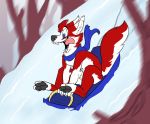  anthro canid canine canis digitigrade domestic_dog male mammal ruxer scarf sled slope_riding stupidshepherd tongue tongue_out tree 