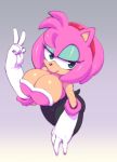  accessory alternate_costume amy_rose armwear big_breasts breasts cleavage clothed clothing cosplay elbow_gloves eulipotyphlan eyeshadow female gesture gloves hair hair_accessory hairband handwear hedgehog makeup mammal nitro pink_hair rouge_the_bat solo sonic_the_hedgehog_(series) v_sign 