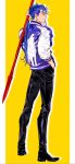  1boy alternate_costume animal_print black_footwear black_pants blue_hair casual contemporary cu_chulainn_(fate)_(all) earrings fate/stay_night fate_(series) full_body gae_bolg grin hand_in_pocket holding holding_spear holding_weapon jacket jewelry lancer left-handed long_hair looking_at_viewer male_focus pants polearm ponytail print_jacket profile shoes simple_background smile solo spear standing tatsuta_age weapon yellow_background 