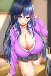  1girl blue_eyes blue_hair breasts classroom cleavage collarbone commentary_request desk fujimiya_yahiro gigantic_breasts hair_ornament hairclip highres leaning_forward long_hair looking_at_viewer looking_back original parted_lips raised_eyebrows skirt smile solo sunlight very_long_hair 