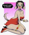  2020 5_fingers anthro betty_boop betty_boop_(series) big_breasts big_butt bracelet breasts butt canid canine canis clothed clothing digital_media_(artwork) domestic_dog dress english_text female fingers footwear fur green_eyes hair hi_res high_heels jewelry kneeling legband lipstick makeup mammal paramount_pictures pinup pose red_clothing red_dress red_footwear red_high_heels red_lipstick red_shoes shoes simple_background sin_bruh solo text thick_thighs wide_hips 