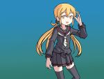  1girl adrian_ferrer black_legwear black_serafuku blonde_hair blue_background commentary cowboy_shot crescent crescent_moon_pin english_commentary gradient gradient_background kantai_collection long_hair looking_at_viewer low_twintails necktie satsuki_(kantai_collection) school_uniform serafuku solo standing thighhighs twintails white_neckwear yellow_eyes 