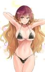  1girl armpits arms_up bangs bare_arms bare_shoulders bikini black_bikini breasts brown_eyes brown_hair commentary_request cowboy_shot eyebrows_visible_through_hair gradient_hair groin halterneck hands_in_hair highres hijiri_byakuren large_breasts long_hair looking_at_viewer multicolored_hair navel purple_hair smile solo standing stomach swimsuit thighs touhou very_long_hair white_background y2 
