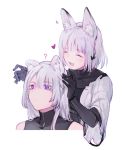  2girls ? ak-15_(girls_frontline) animal_ear_fluff animal_ears bangs black_gloves closed_eyes eyebrows_visible_through_hair fox_ears girls_frontline gloves heart jacket long_hair multiple_girls open_mouth purple_eyes rpk-16_(girls_frontline) short_hair shuzi silver_hair simple_background white_background wide_sleeves 