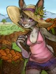  2019 anthro basket bottomwear breasts carrot cheek_tuft chest_tuft clothed clothing delois detailed_background disney facial_tuft farm female food fully_clothed fur grey_body grey_fur hat headgear headwear holding_object hotpants judy_hopps lagomorph leporid looking_at_viewer mammal outside plant purple_eyes rabbit shorts sky smile solo tree tuft vegetable zootopia 