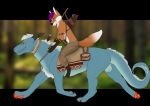  absurd_res angellsview3 archer balls bow canid canine dragon ear_piercing ear_stud forest fox genitals grin hair hi_res male mammal nude orange_fox piercing purple_hair riding smile teeth_showing tree zion_fox 