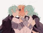  1girl 2boys :&gt; armor bisexual_(male) blonde_hair blush byleth_(fire_emblem) byleth_(fire_emblem)_(female) byleth_(fire_emblem)_(male) cheek_kiss closed_eyes dimitri_alexandre_blaiddyd double_cheek_kiss embarrassed eyepatch fire_emblem fire_emblem:_three_houses full-face_blush gloves green_hair grey_background hair_over_one_eye hand_on_another&#039;s_chin kiss multiple_boys sandwiched shirt simple_background steam twitter_username upper_body white_shirt worvies 