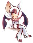  2015 anthro bat_wings boots breasts chiropteran cleavage clothed clothing female footwear fur gloves green_eyes half-closed_eyes handwear mammal membrane_(anatomy) membranous_wings narrowed_eyes rouge_the_bat simple_background sitting solo sonic_the_hedgehog_(series) spacecolonie white_background white_body white_fur wings 
