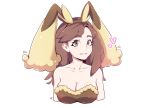  animal_ears breasts brown_eyes brown_hair bunny_ears bunnygirl cleavage cosplay headband milka_(milk4ppl) pokemon pokemon_breeder signed white 