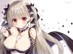  1girl ameto_yuki artist_name azur_lane bangs bare_shoulders between_breasts black_bow blunt_bangs blush bow breasts cleavage closed_eyes closed_mouth collarbone commentary_request corset detached_collar earrings eyebrows_visible_through_hair formidable_(azur_lane) frills hair_bow jewelry large_breasts long_hair long_sleeves nail_polish pulled_by_self red_eyes shoulder_cutout silver_hair smile solo sparkle strap_pull twintails upper_body very_long_hair white_background 