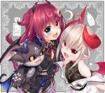  2girls :d absurdres bangs black_capelet black_dress black_shirt blue_eyes blush bow brown_wings capelet collared_dress commentary_request crescent crescent_hair_ornament curled_horns debidebi_debiru demon demon_girl demon_horns demon_wings dress emoji eyebrows_visible_through_hair fang fangs frilled_capelet frilled_dress frills hair_between_eyes hair_ornament heart heart_in_eye heterochromia highres horns long_hair looking_at_viewer makaino_ririmu multiple_girls neck_ribbon nijisanji open_mouth pointy_ears red_bow red_eyes red_hair red_ribbon red_wings ribbon shirt sleeveless sleeveless_shirt smile symbol_in_eye very_long_hair virtual_youtuber wakagi_repa white_dress wings yuzuki_roa 