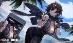  1girl ;) absurdres ahoge azur_lane bangle beach black_hair blue_eyes bracelet breasts cellphone chinese_commentary cleavage commentary_request cowboy_shot day dutch_angle earrings finger_gun fisheye georgia_(azur_lane) grin hair_between_eyes han-0v0 highres jacket_over_shoulder jewelry large_breasts long_hair necklace one_eye_closed outdoors phone pointing pointing_at_viewer smartphone smile solo_focus weibo_username wristband 