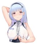  1girl 3: absurdres arm_behind_head arm_up armpits azur_lane bangs bare_shoulders black_hairband blunt_bangs blush breasts center_frills cropped_torso dido_(azur_lane) eyebrows_visible_through_hair frown hairband highres large_breasts long_hair looking_at_viewer pak_ce purple_eyes shirt silver_hair simple_background sleeveless sleeveless_shirt solo underboob underboob_cutout upper_body white_background white_shirt 