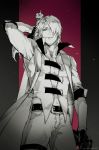  1boy a_suka1023 arm_up belt black_gloves blue_eyes closed_mouth coat collarbone dante_(devil_may_cry) devil_may_cry dual_wielding gloves greyscale gun hair_over_one_eye hatching holding holding_gun holding_weapon monochrome sleeves_rolled_up smile solo standing turtleneck weapon 