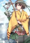  1girl aircraft airplane blue_sky blurry brown_hair cloud commentary_request cowboy_shot day depth_of_field flight_deck gloves green_hakama hakama hakama_skirt headband hiryuu_(kantai_collection) japanese_clothes kantai_collection kimono looking_to_the_side ocean one_side_up outdoors partly_fingerless_gloves quiver shohei_(piranha5hk) short_hair side_ponytail sky smoke solo yellow_kimono yugake 