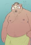  2020 anthro belly blush bulge garouzuki japanese_text kemono male mammal moobs navel nipples overweight overweight_male simple_background solo suid suina sus_(pig) text towel wild_boar 