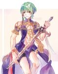  1boy abs braid byleth_(fire_emblem) byleth_(fire_emblem)_(male) cleavage_cutout cosplay dress fire_emblem fire_emblem:_three_houses green_eyes green_hair hair_ornament hair_ribbon holding holding_weapon male_focus ribbon ribbon_braid side_braid simple_background solo sothis_(fire_emblem) sothis_(fire_emblem)_(cosplay) sword traditional_media twitter_username watercolor_(medium) weapon xin_(24914) 
