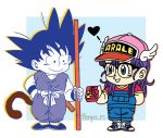  1boy 1girl baseball_cap black-framed_eyewear black_footwear black_hair blue_background blue_eyes blue_footwear box box_of_chocolates candy character_name child chocolate clothes_writing collarbone commentary_request creator_connection crossover dougi dr._slump dragon_ball dragon_ball_(classic) eyelashes fenyon fingernails food full_body glasses hair_between_eyes hand_in_pocket hand_on_hip happy hat heart holding holding_box holding_food legs_together long_hair looking_at_another monkey_tail norimaki_arale nyoibo overalls parted_lips purple_hair red_shirt semi-rimless_eyewear shirt shoes short_sleeves simple_background smile sneakers son_gokuu spiked_hair square standing straight_hair tail twitter_username white_background winged_hat 
