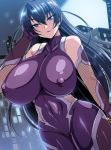  black_hair blue_eyes blush bodysuit breasts huge_breasts igawa_asagi impossible_bodysuit impossible_clothes megane_man night night_sky purple_bodysuit skin_tight sky taimanin_(series) taimanin_suit 