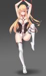  1girl alisa_reinford arms_up bangs bdsm blonde_hair bondage boots bound bound_wrists breast_bondage breasts bustier crotch_rope eiyuu_densetsu grey_background hair_between_eyes highres leg_up long_hair looking_at_viewer matrix16 medium_breasts no_pants one_eye_closed panties red_eyes red_rope restrained rope sen_no_kiseki shibari shibari_over_clothes side_ponytail skindentation standing standing_on_one_leg suspension thigh_boots thighhighs thighs underwear white_footwear 