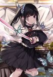  1girl absurdres animal bangs belt black_hair black_jacket black_skirt blurry blurry_background blurry_foreground bug butterfly butterfly_hair_ornament cape closed_mouth commentary_request depth_of_field eyebrows_visible_through_hair hair_ornament highres holding holding_sword holding_weapon insect jacket katana kimetsu_no_yaiba long_hair long_sleeves looking_at_viewer norazura pleated_skirt purple_eyes side_ponytail skirt solo standing standing_on_one_leg sword tsuyuri_kanao v-shaped_eyebrows weapon white_belt white_cape 