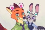  2020 anthro canid canine cheek_tuft clothed clothing dated dipstick_ears disney duo facial_tuft fox fur green_eyes grey_body grey_fur judy_hopps lagomorph leporid mammal multicolored_ears necktie nick_wilde open_mouth open_smile orange_body orange_fur purple_eyes rabbit red_fox selfie shirt signature simple_background smile topwear tuft white_background zootopia 