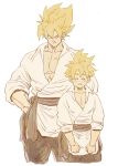  2boys :d ^_^ abs age_difference amepati black_pants blonde_hair chest clenched_hands clenched_teeth closed_eyes closed_mouth clothes_around_waist collarbone collared_shirt commentary_request dot_nose dougi dragon_ball dragon_ball_z father_and_son green_eyes hair_between_eyes hand_on_hip height_difference highres japanese_clothes legs_apart legs_together light_smile looking_at_another looking_down male_focus multiple_boys open_clothes open_mouth open_shirt pants pectorals shirt simple_background sleeves_rolled_up smile son_gohan son_gokuu spiked_hair standing super_saiyan teeth v_arms white_background white_shirt 